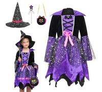 EOZY - Costume da strega di Halloween per bambine, include abito, cappello, bacchetta magica e sacchetto per caramelle - Cosplay per bambini