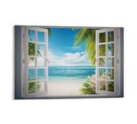 EPEDIC Finestra di apertura Vista Mare Camera da Letto Decorazione Wall Art Moderno Albero di Cocco Oceano Stampa su Tela Poster Quadro Incorniciato Opere d'arte per Soggi