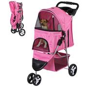 Epetlover Passeggino pieghevole per cani a 3 ruote, per gatti di piccola e media taglia, portatile, da viaggio, da campeggio, con cestino portaoggetti, portabicchieri, rosa
