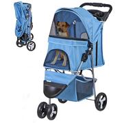 Epetlover Passeggino pieghevole per cani a 3 ruote, per gatti di taglia piccola e media, cuccioli, portatile, da viaggio, campeggio, con cestino portaoggetti, portabicchieri, blu
