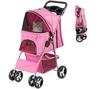 Epetlover Passeggino pieghevole per cani a 4 ruote, per gatti di taglia piccola e media, cuccioli, portatile, da viaggio, campeggio, con cestino portaoggetti, portabicchieri, rosa