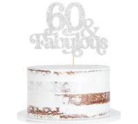 Ephlyn 1 topper per torta con 60 e favolose decorazioni glitterate per torta per 60° compleanno, per 60° anniversario di matrimonio, compleanno, decorazioni per feste di compleanno, forniture argento