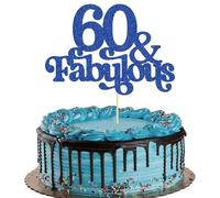 Ephlyn 1 topper per torta con 60 e favolose decorazioni per torta con scritta "Happy 60th Birthday", per 60° anniversario di matrimonio, compleanno, decorazioni per feste di compleanno, blu