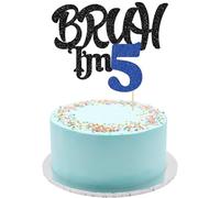 Ephlyn 1 topper per torta con scritta "Bruh I'm 5", glitterato, Happy 5th Birthday Cake Pick Bro I'm 5 It's My 5th Birthday Cake Decoration for Cheers to 5 Years Party Decorations Supplies Black Blue
