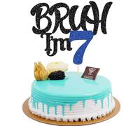 Ephlyn 1 topper per torta con scritta "Bruh I'm 7", glitterato, con scritta "Happy 7th Birthday", con scritta "Bro I'm 7 It's My 7th Birthday", decorazione per torte per feste da applausi fino a 7