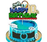 Ephlyn 1 topper per torta per 10° compleanno con videogioco, glitterato, gioco sui controller, decorazione per torta da dieci applausi a 10 anni, per feste di buon compleanno