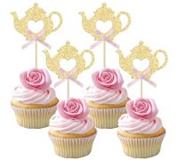 Ephlyn 24 decorazioni per cupcake a forma di teiera con fiocco floreale per l'ora del tè, decorazioni per feste del tè pomeridiano, feste a tema, baby shower, matrimoni, feste di compleanno