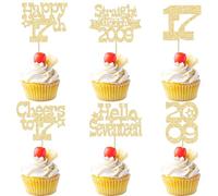 Ephlyn 30 decorazioni per cupcake con scritta "Happy 17th Birthday", glitterate, per 17° compleanno, dritte Outta 2009, decorazioni per torte per 17° compleanno, anniversario, forniture per feste, oro