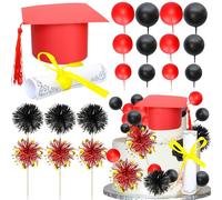 Ephlyn Confezione da 42 decorazioni per torte di laurea 2025, con nappa, fuochi d'artificio, decorazioni per torte di laurea per scuola superiore 2025, forniture per laurea senior, rosso nero