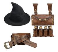 EpicCos Set di 3 Pezzi Cintura Alchemista con Cappello da Strega, Borsello e 4 Fiale di Pozioni con Tappo in Sughero, Accessori per Cintura da Mago Rinascimentale per Fiere Medievali (Marrone A)