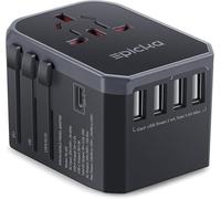 EPICKA Adattatore Universale da Viaggio 28W, con 1 USB-C e 4 USB-A, Presa Internazionale per Germania Francia USA UK Giappone Thailandia Australia, Grigio
