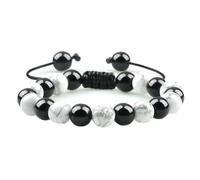 Epinki 8MM Braccialetto Perline per Donna Uomo, Bracciale Pietra Turchese Bianco Nero Regolabile 17-30CM, Gioielli di Moda