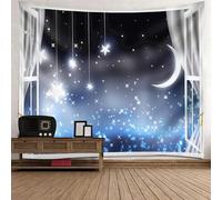Epinki Arazzo Estetico Finestra Luna Stelle, 210x140cm, Bianco Blu Scuro, Poliestere, Arazzi da Parete Grande