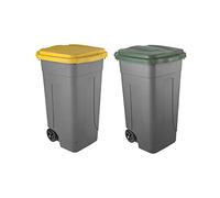 Eplastic - Set 2 Bidoni Raccolta Differenziata 100L | Contenitori Rifiuti con Coperchi Colorati (Giallo e Verde) | Pattumiere Ecologiche per Casa e Ufficio - Corpo Grigio Resistente