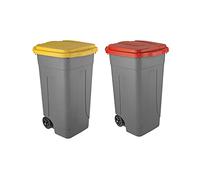Eplastic - Set 2 Bidoni Raccolta Differenziata 80L | Contenitori Rifiuti con Coperchi Colorati (Giallo e Rosso) | Pattumiere Ecologiche per Casa e Ufficio - Corpo Grigio Resistente