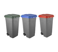 Eplastic - Set 3 Bidoni Raccolta Differenziata 100L | Contenitori Rifiuti con Coperchi Colorati (Verde, Rosso e Blu) | Pattumiere Ecologiche per Casa e Ufficio - Corpo Grigio Resistente