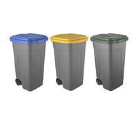 Eplastic - Set 3 Bidoni Raccolta Differenziata 80L | Contenitori Rifiuti con Coperchi Colorati (Verde, Blu, Giallo) | Pattumiere Ecologiche per Casa e Ufficio - Corpo Grigio Resistente