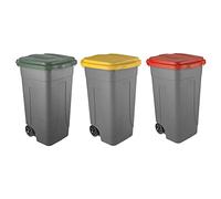 Eplastic - Set 3 Bidoni Raccolta Differenziata 80L | Contenitori Rifiuti con Coperchi Colorati (Verde, Rosso, Giallo) | Pattumiere Ecologiche per Casa e Ufficio - Corpo Grigio Resistente