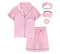 EPLAZA Set pigiama in raso per bambini ragazze ragazzi button-down pigiama setoso pigiami da notte con fascia per capelli maschera per gli occhi cravatta per capelli, Rosa corto, 9-10 Years