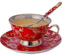 Eplze YBK Tech - Set di tazze e piattini in porcellana a forma di osso in stile europeo, 200 ml, per la casa, la cucina, il matrimonio (motivo floreale retrò - rosso)