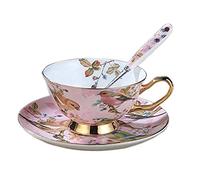 Eplze YBK Tech - Set di tazze e piattini in stile europeo, tazza da tè e caffè, per colazione, casa, cucina, motivo uccelli e alberi (rosa chiaro)