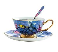 Eplze YBK Tech - Set di tazze e piattini in stile europeo, tazza da tè e caffè, per colazione, casa, cucina, motivo uccelli e alberi (blu acceso)