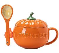 Eplze YBK Tech - Tazza da Caffè in Ceramica a Forma di Zucca, Tazza da tè, Tazza da Latte con Coperchio, 250ml (Tazz cucchiaio+ mano in silicone (da attaccare e staccare))