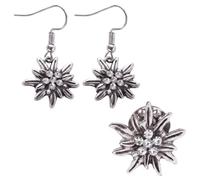 EPMOCN Set Gioielli Oktoberfest per Dirndl Donna: 1 Coppia di Orecchini Edelweiss Pendenti e 1 Spilla Stella Alpina in Metallo Stile Vintage Argento Antico, Accessori Tradizionali Bavaresi