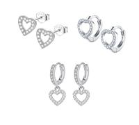 Epoch World 3 Paia Orecchini a Cerchio con Cuore Pendenti in Argento Sterling 925 Orecchini Argento Cuore da Donna Piccoli Orecchino per Donna Ragazze con Scatola