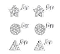 Epoch World 3 Paia Orecchini in Argento Sterling 925 con Zirconia da Donna Orecchini Argento Anallergici Ear Piercing Orecchino Stella Orecchini Triangolo per Donna Ragazze