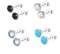 Epoch World 4 paia di Orecchini in Argento 925 Orecchino Pietra di Luna Turchese Neri Onice Zirconia Rotonde Gioielli Regalo Piccoli Ipoallergenici Orecchini Argento 925 per Donna Ragazze