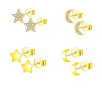 Epoch World 4 Paia Orecchini Argento 925 Ipoallergenic Oro Orecchini Stella e Luna Piccoli con Cubic Zirconia Orecchini in Oro per Donna e Ragazze