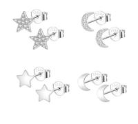 Epoch World 4 Paia Orecchini in Argento 925 Ipoallergenic Orecchini Stella e Luna Piccoli con Cubic Zirconia Orecchini Argento per Donna e Ragazze