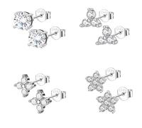 Epoch World 4 Paia Piccoli Orecchini in Argento Sterling 925 Orecchini Argento Fiore per Donna Ragazze Bambina con Cubic Zirconia Orecchino Diamanti da Donna Set di Orecchini a Perno