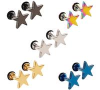 Epoch World 5 Paia Acciaio Inossidabile Orecchini Stella per Uomo Donna Maschili Bambina, Orecchini Donna Argento Nero Oro Piccoli Piercing 8MM