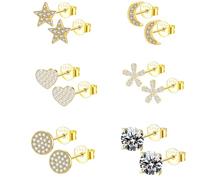 Epoch World 6 Paia Orecchini Argento 925 in Oro per Donna Ragazze Piccoli Orecchini Oro Stella Luna Fiore Rotondi Cuore Set di Orecchino Bambina con Zirconia Anallergici Regali di Gioielli