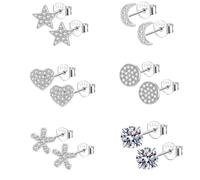 Epoch World 6 Paia Orecchini in Argento Sterling 925 per Donna Ragazze Piccoli Orecchini Argento Stella Luna Fiore Rotondi Cuore Set di Orecchino Bambina con Zirconia Anallergici Regali di Gioielli