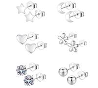 Epoch World 6 Paia Orecchini in Argento Sterling 925 per Donna Ragazze Piccoli Set di Orecchini Argento Stella Luna Fiore Pallina Cuore Orecchino Bambina con Zirconia Anallergici Regali di Gioielli