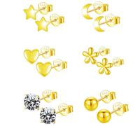 Epoch World 6 Paia Orecchini Oro in Argento Sterling 925 per Donna Ragazze Piccoli Set di Orecchini in Oro Stella Luna Fiore Pallina Cuore Orecchino Zirconia Anallergici Regali di Gioielli