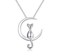 Epoch World Collana Donna Argento 925, Collana Gatto Donna, Ciondolo Gatto Argento, Collana Luna Argento, Ciondolo Luna Argento 925 40+5CM