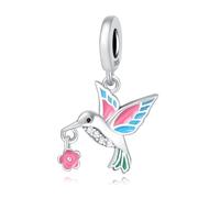 Epoxy Kingfisher and Flower Pendant Charm, 925 Sterling Silver Charm Bracelet Accessory, Compatible with Pandora Bracelet Neckalce