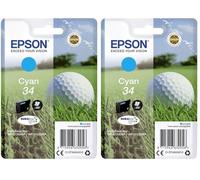 Epson 34 Serie Pallina da Golf, Cartuccia Originale Getto d'Inchiostro DURABrite Ultra, Formato Standard, Ciano (Confezione da 2)