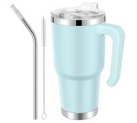 EQARD Bicchiere Termico con Cannuccia Tazza Termica da Viaggio con Manico Acciaio Inox Tazza Termos Caffè Coperchio Prova Perdite Tubi Spazzola Bevande Calde Fredde (Blu, 30oz Coperchio A Vite)
