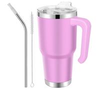 EQARD Bicchiere Termico con Cannuccia Tazza Termica da Viaggio con Manico Acciaio Inox Tazza Termos Caffè Coperchio Prova Perdite Tubi Spazzola Bevande Calde Fredde (Rosa, 30oz Coperchio A Vite)