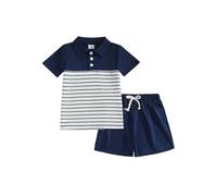 eqenkely 2 Pezzi Completi Set per Bambino di Vestiti Estivi Poloshirt Top a Righe da Maniche Corte e Pantaloncini con Tasca Tuta per Bambini Blu scuro 5-6 anni