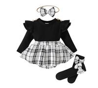 eqenkely 2 Pezzi Completo Neonata Elegante Tutina Vestito Abito a Quadri Manica Lunga Romper Battesimo + Fascia Bowknot Autunno Inverno per Bambine