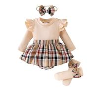 eqenkely 2 Pezzi Completo Neonata Elegante Tutina Vestito Abito a Quadri Manica Lunga Romper Battesimo + Fascia Bowknot Autunno Inverno per Bambine Beige 3-6 Mesi