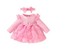 eqenkely Bambine Vestito Set Cerimonia Abitini Romper Pagliaccetto Maniche Lunga e Fascia Bowknot 2 PCS Elegante Tunita da Battesimo per Festa di Compleanno Rosa 9-12 Mesi