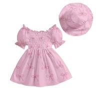 eqenkely Neonata Bambina Principessa Vestito a Manica Corta + Cappello 2 Pezzi Set Fiore Abito da Spiaggia Abbigliamento Primavera Estate Rosa Fiocco 6-9 Mesi