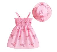 eqenkely Principessa Vestito Neonata Bambina a Senza Maniche + Cappello 2 Pezzi Set Fiore Abito da Spiaggia Abbigliamento Primavera Estate Rosa Fiocco 9-12 Mesi